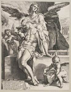 Kristi legeme støttet af en engel af Hendrick Goltzius