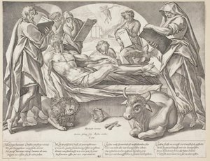 Den døde Kristus og de fire evangelister af Hendrick Goltzius