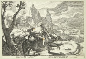 Thisbe skræmt af løven af Hendrick Goltzius
