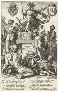 Titeltryk til trykserien De romerske helte Roma (titel på objekt) The Roman Heroes (serietitel) af Hendrick Goltzius