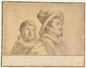 To mænd, muligvis Jan Matthijs Ban og Philips van Winghe (forsiden). Dreng med hat, halvfigur. I sine arme holder han en død gråhåret mand (bagsiden) af Hendrick Goltzius