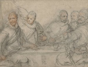 Fem betjente studerer til et bevæbnets måltid. af Hendrick Goltzius