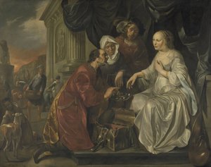 Rebecca modtager gaver fra Abrahams tjener af Hendrick Heerschop