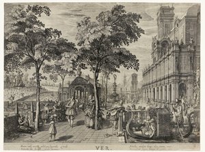 hoppe Spring, et selskab på et slot Ver (titel på objekt) De fire årstider (serietitel) af Hendrick Hondius (I)