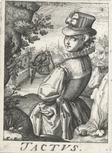 Feeling (Tactus), en kvinde med en fugl Tactus (titel på objekt) De fem sanser (serietitel) af Hendrick Hondius (rejected attribution)