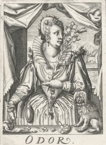 Lugt (lugt), en kvinde med en blomstergren Lugt (titel på objekt) De fem sanser (serietitel) af Hendrick Hondius (rejected attribution)