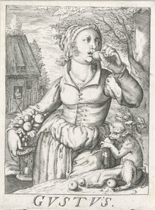 Smag (Gustus), en kvinde med frugter Gustus (titel på objekt) De fem sanser (serietitel) af Hendrick Hondius (rejected attribution)