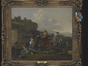Et grøntsagsmarked i Italien med figurer (olie på lærred)
