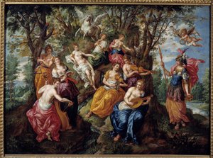 Besøg af Minerva ved Muses Maleri af Hendrick de Clerk (1570-1629) (ec.flam.) Chalons Sur Marne fra det 17. århundrede. Museum for Skønne Kunster af Hendrick de Clerk