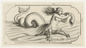 En kvindeskikkelse blæser på en skal Nouveau Livre des Dieux et Deeßes De la Marine Bouckje of Sea Gods and Goddesses (serietitel)