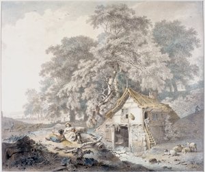 Den gamle mølle (blæk og blyant og akvarel på papir)