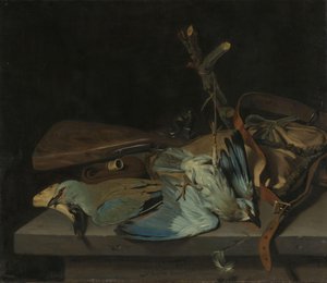 Stilleben med jagtredskaber og fugle af Hendrick ten Oever