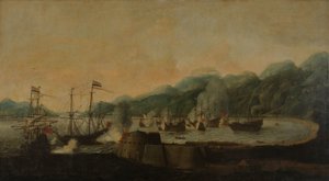 En hollandsk eskadron under kommando af Cornelis Simonsz van der Veer udfører et overraskende angreb på tre portugisiske galeoner i Goa Velha-bugten, 30. september 1639 af Hendrick van Anthonissen