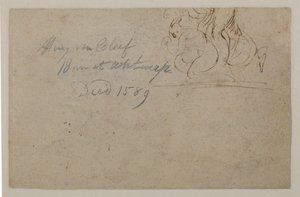 Anmærkning af en senere hånd. Skitse af en sammenkrøbet figur og en opvoksende hest, ?, 1500-tallet