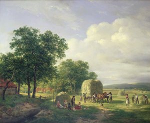 Skovklædt landskab med hømagere, 1822 af Hendrick van de Sande Bakhuyzen