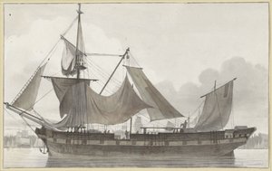 Tre-master under nødrig, ind i en havn med let vind Sejlskib set fra siden, i en havn