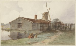 Vindmølle med træbygninger nær Amsterdam af Hendrik Abraham Klinkhamer