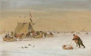 Et vinterlandskab med figurer på isen ved et koek-en-zopie-telt