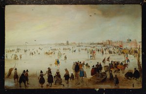 Skatere, golfspillere, elegante damer og herre på frosset flodvand ved Broederpoort ved Kampen