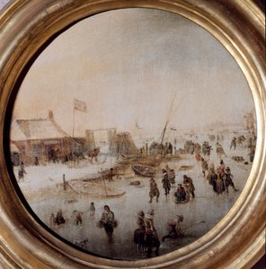 Vinterlandskab med skøjteløbere Maleri af Hendrick Avercamp (1585-1634) Diameter 25 cm Musei di Strada Nuova (ex Palazzo Rosso)