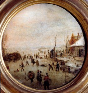 Vinterlandskab med skøjteløbere og hockeyspillere Maleri af Hendrick Avercamp (1585-1634) Diameter 25 cm Musei di Strada Nuova (ex Palazzo Rosso) Genes Italien