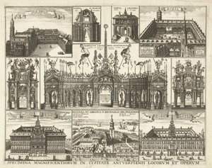 Blad met tien voorsetningen van de intocht van de Kardinaal Infant Ferdinand te Antwerpen, 1635 Eksemplarer af de mest storslåede steder og værker i byen Antwerpen (titel på objekt)