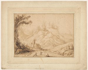 Bjerglandskab med figurer på en vej nær en kro af Hendrick Cornelisz. Vroom