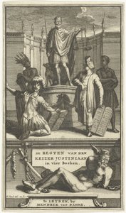 Titelside for Kejser Justinians rettigheder, Leiden, 1705 KEJSER JUSTINIANS REGLER i fire bøger (titel på objekt) af Hendrik Elandt