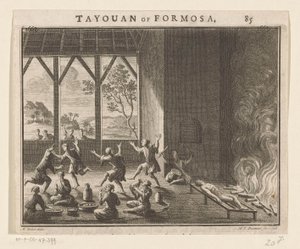 En del af begravelsesritualet for beboere i Formosa Tayouan af Formosa (titel på objekt) af Hendrik Frans Diamaer
