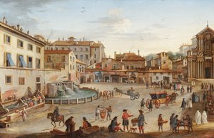 Rom, udsigt til Palazzo Barberini med mange figurer (olie på kobber) af Hendrik Frans van called lo Studio (circle of) Lint