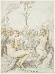 Allegori om kunsten at tegne med kunstnerens emblem, 1612 (blæk, kridt og gouache på papir) af Hendrik Goltzius