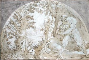 Hercules og Nemean Lion af Hendrik Goltzius