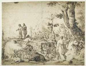 Landskab med bønder ved en hytte af Hendrik Goltzius