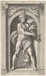 Pluto, på verso skitser af en figur, fire hoveder og en søjle, 1592. af Hendrik Goltzius