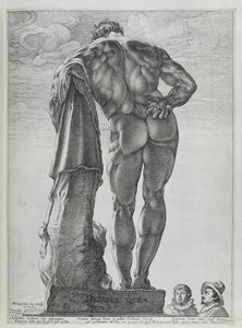 Set bagfra af Farnese Hercules (kobberstik) af Hendrik Goltzius