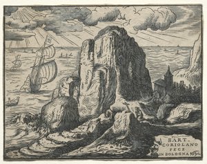 Sæt med 4 landskaber: Nr. 4 - Cliff on the Seashore. af Hendrik Goltzius