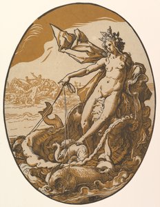 Tethys tilbagelænet i en kæmpe skallevogn trukket af to havdyr, 1588-90. af Hendrik Goltzius