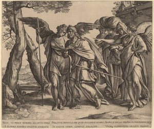 Lot og hans døtre forlader Sodoma af Hendrik Goltzius after Anthonie van Blocklandt