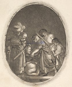 Salome modtager Johannes Døberens hoved, omgivet af tre mænd og et barn ..., ca. 1610.