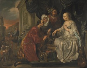 Rebecca modtager gaver fra Abrahams tjener af Hendrik Heerschop