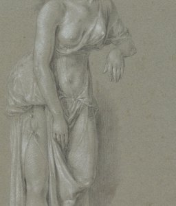 Figurstudie af en kvinde i klassisk kappe, stående tre kvarter til højre