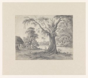 Landskab med træ og hytte med hest og vogn og to figurer af Hendrik Huygens (signed by artist)
