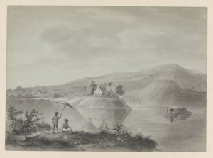 Udsigt til en å med nogle huse, muligvis Berg en Dal