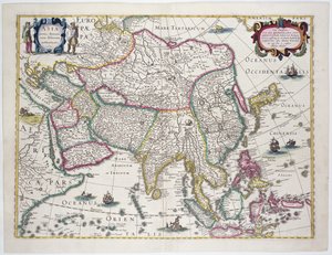 Generelt kort inklusive Arabien, Japan, den koreanske halvø og den største del af den indonesiske øgruppe, 1631 (farvegravering)