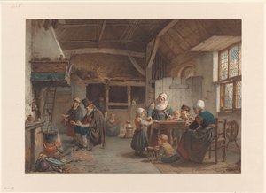 Stuehus interiør, familie i køkkenet