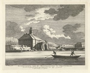 Sagging Muiderpoort, set fra Singelgracht, 1769 Billede af Muyderpoort i Amsterdam, Zoo som den kollapsede synde, kan ses udefra, zigzag (titel på objekt) af Hendrik Keun