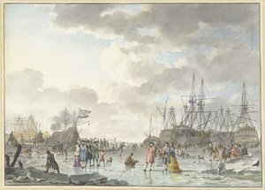Frostmesse på en frossen flod med skibe Issjov på en frossen flod med skibe