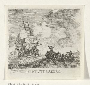 Vildt vand med forskellige både Diligente, labore (titel på objekt)