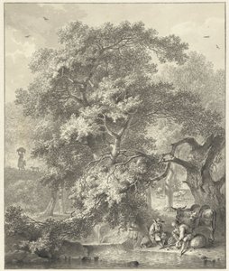 Skovudsigt med hvilende hyrder ved et vandfald af Hendrik Meijer