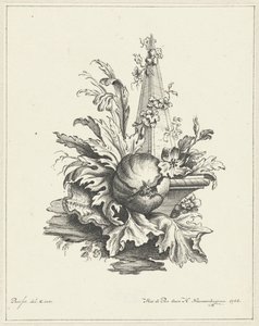 Ornament med granatæble med blade og obelisk af Hendrik Nieuwenhuysen